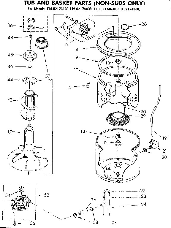 Kenmore 11082174130 tub and basket parts non-suds only diagram