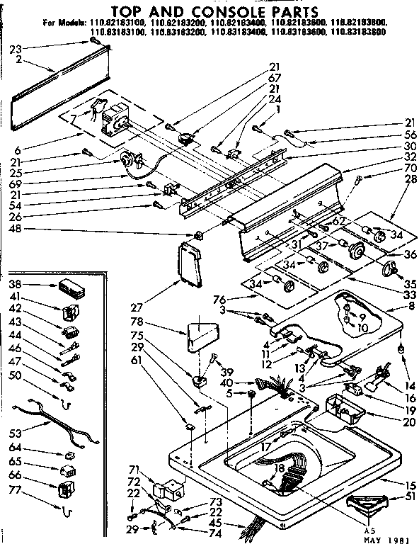 Kenmore 11082183400 top and console parts diagram
