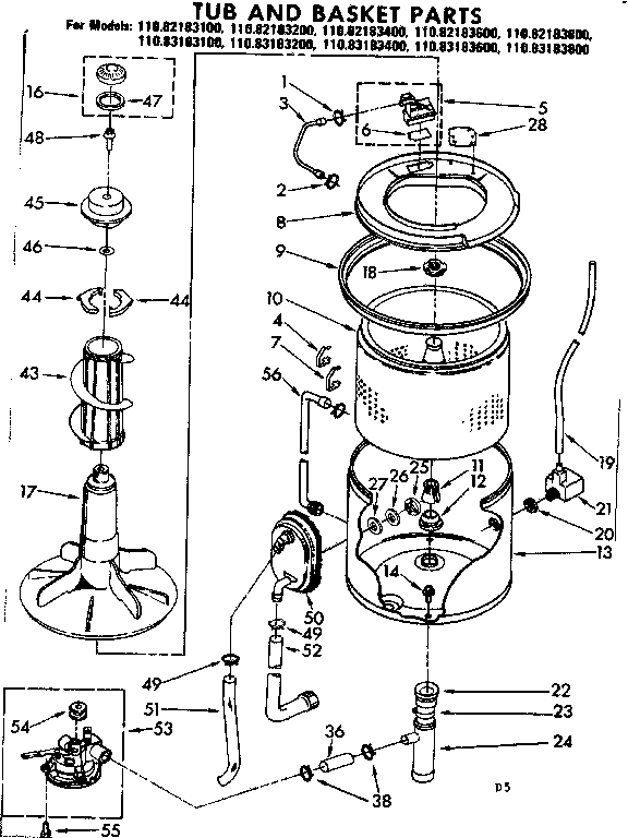 Kenmore 11082183400 tub and basket parts diagram