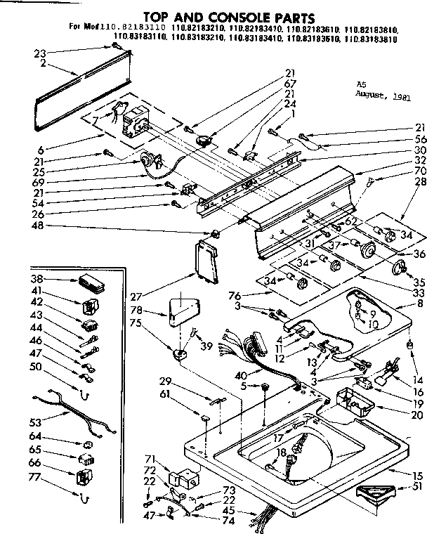 Kenmore 11083183110 top and console parts diagram