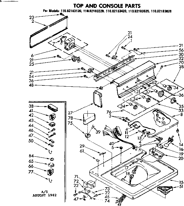Kenmore 11082183420 top and console parts diagram