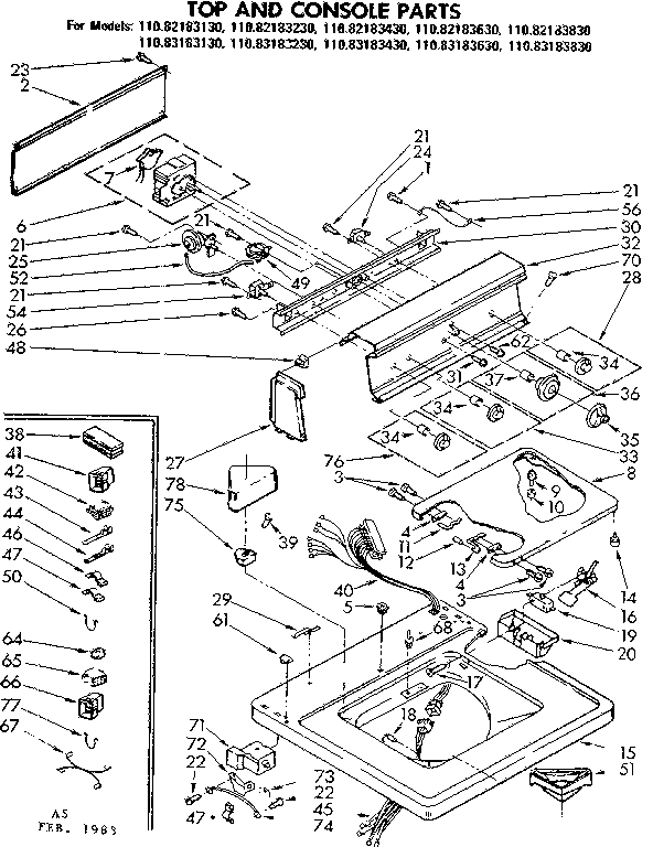 Kenmore 11082183630 top and console parts diagram