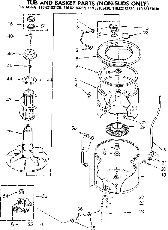 Kenmore 11082183630 tub and basket parts non-suds only diagram