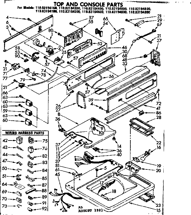 Kenmore 11082194200 top and console parts diagram