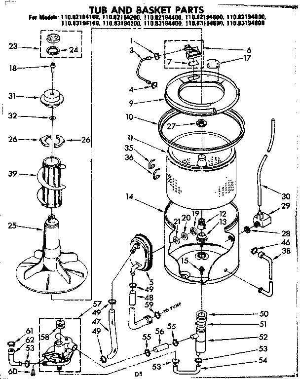 Kenmore 11082194200 tub and basket parts diagram