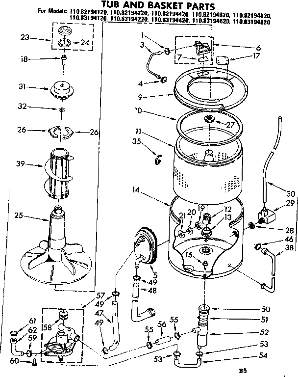 Kenmore 11082194220 tub and basket parts diagram