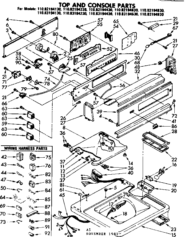 Kenmore 11082194430 top and console parts diagram