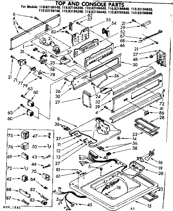 Kenmore 11083194840 top and console parts diagram
