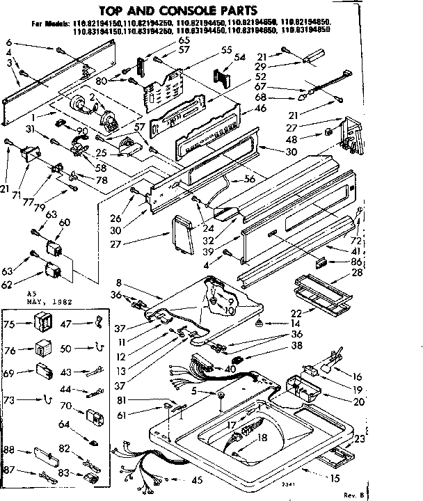 Kenmore 11082194650 top and console parts diagram