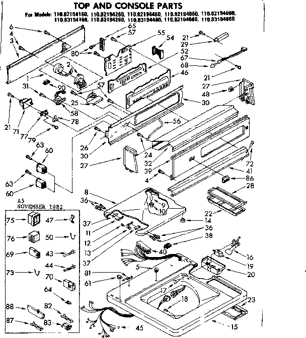 Kenmore 11083194660 top and console parts diagram