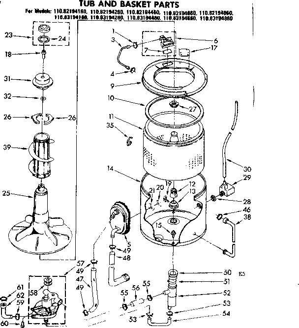 Kenmore 11083194660 tub and basket parts diagram