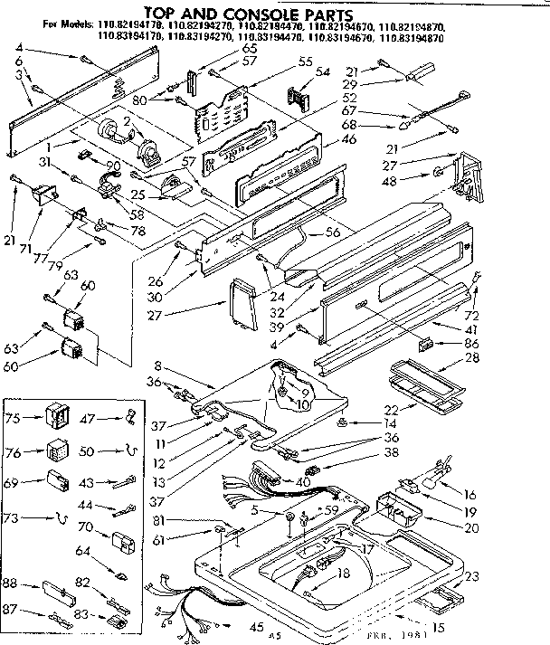 Kenmore 11083194470 top and console parts diagram