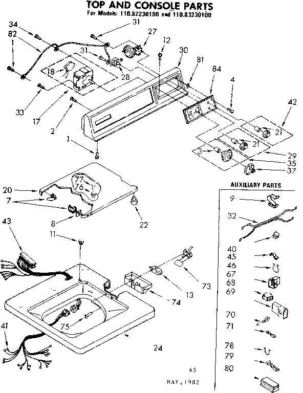 Kenmore 11082230100 top and console parts diagram