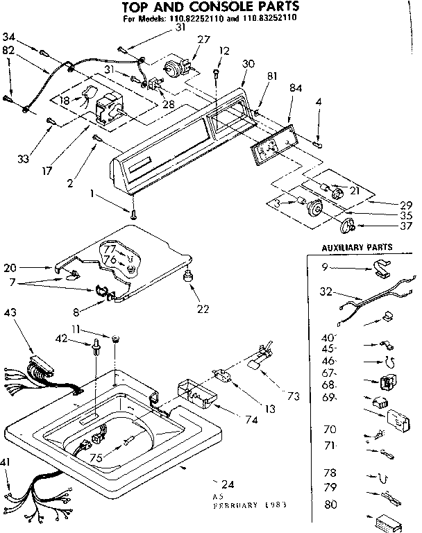Kenmore 11083252110 top and console parts diagram