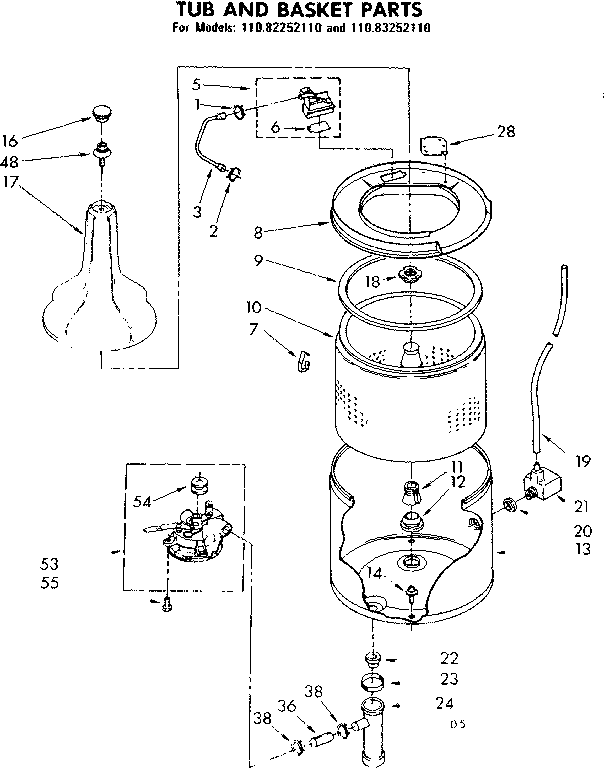 Kenmore 11083252110 tub and basket parts diagram