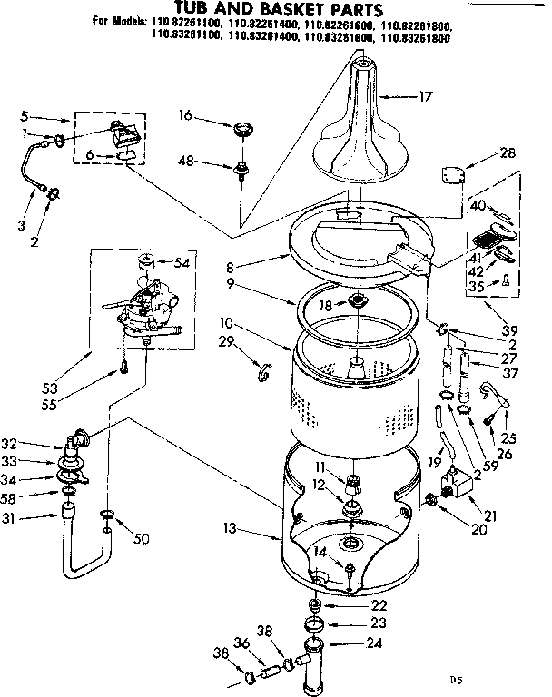 Kenmore 11083261600 tub and basket parts diagram