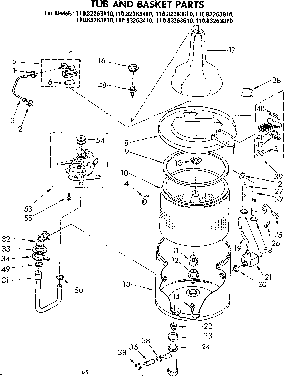 Kenmore 11082263610 tub and basket parts non-suds only diagram