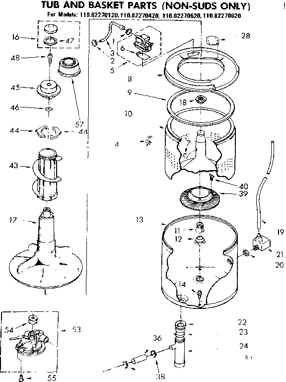 Kenmore 11082270620 tub and basket parts non-suds only diagram