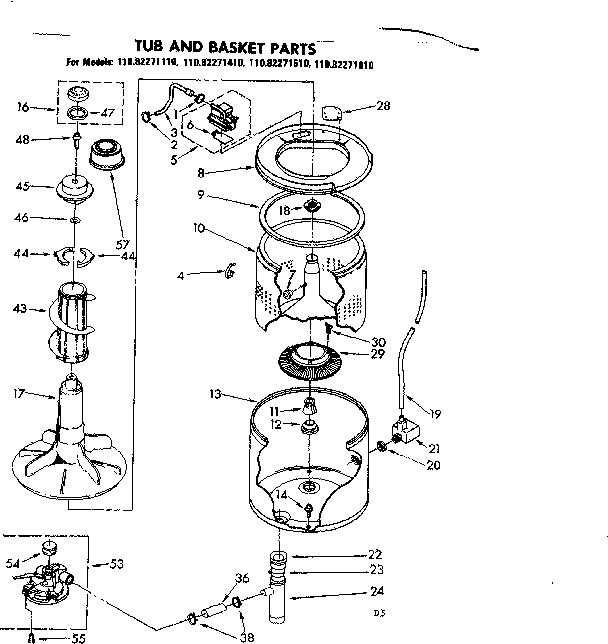 Kenmore 11082271610 tub and basket parts diagram