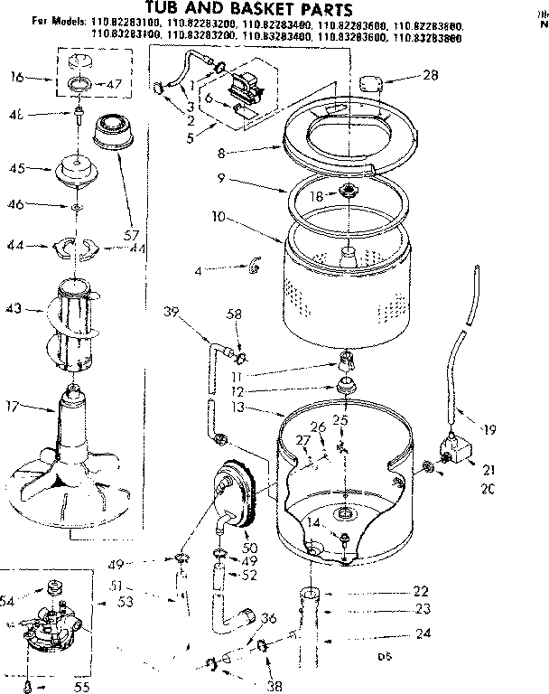 Kenmore 11082283200 tub and basket parts diagram