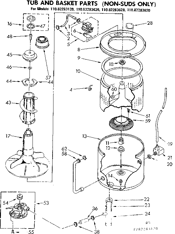 Kenmore 11083283420 tub and basket parts non-suds only diagram