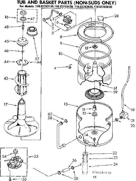 Kenmore 11082283430 tub and basket parts non-suds only diagram