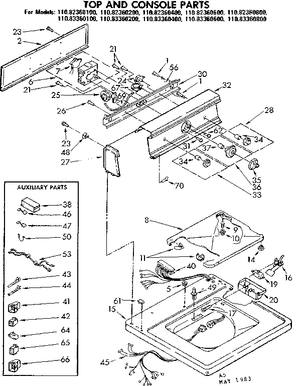 Kenmore 11083360600 top and console parts diagram