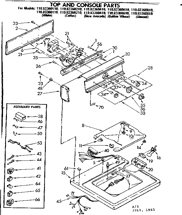 Kenmore 11083360410 top and console parts diagram
