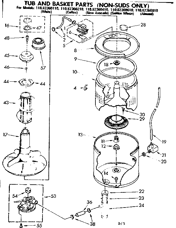 Kenmore 11083360410 tub and basket parts non-suds only diagram