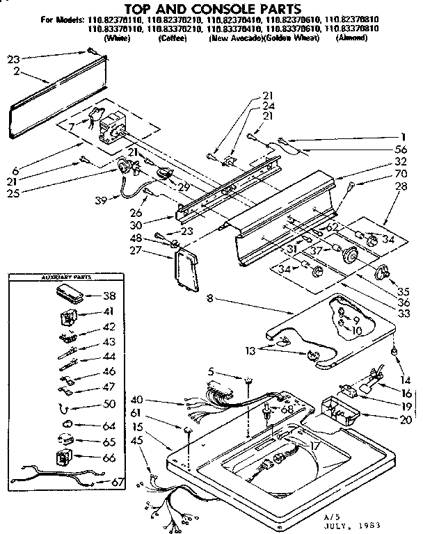 Kenmore 11082370410 top and console parts diagram