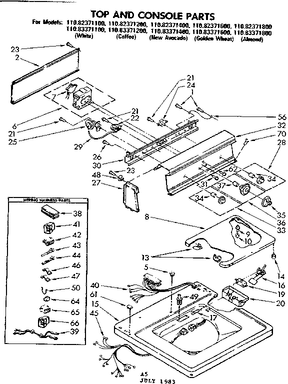 Kenmore 11083371300 top and console parts diagram