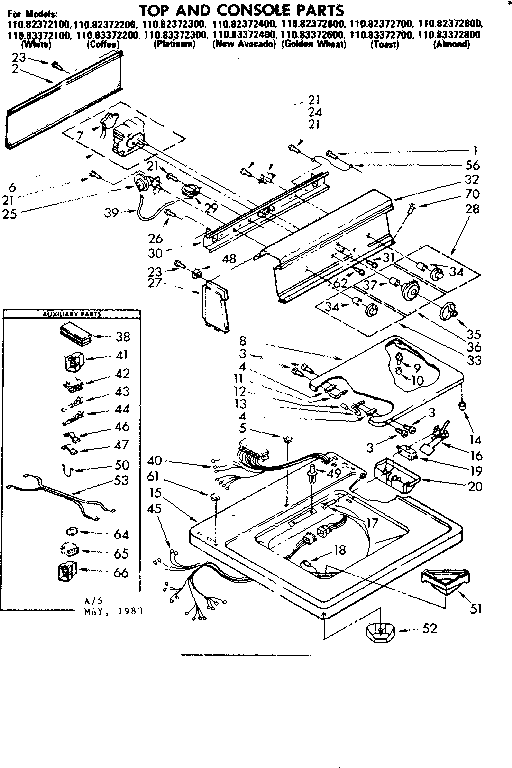 Kenmore 11082372300 top and console parts diagram