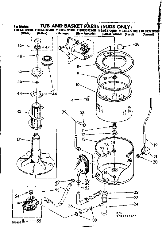 Kenmore 11082372300 tub and basket parts suds only diagram