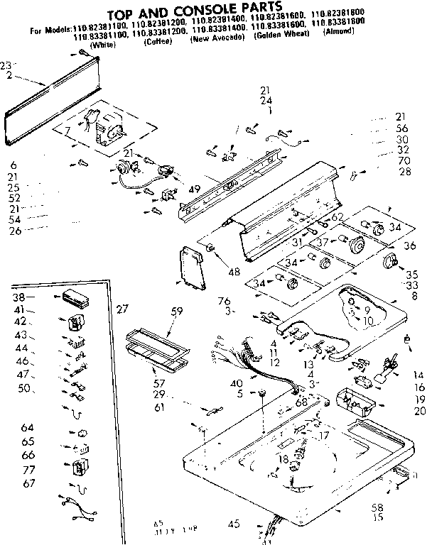 Kenmore 11083381600 top and console parts diagram