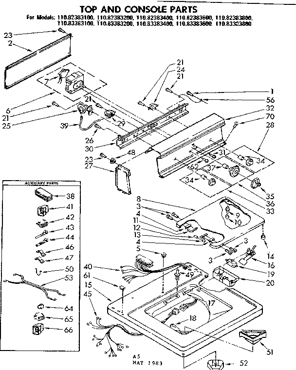 Kenmore 11083383800 top and console parts diagram