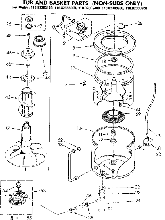 Kenmore 11083383800 tub and basket parts non-suds only diagram
