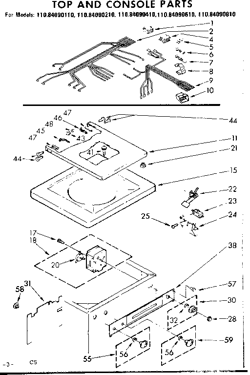 Kenmore 11084090110 top and console parts diagram