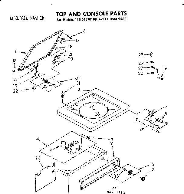 Kenmore 11084370800 top and console parts diagram