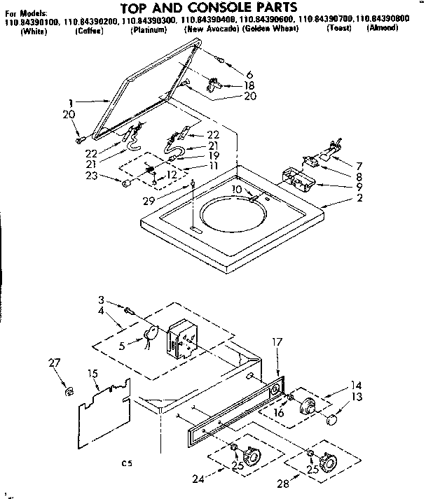 Kenmore 11084390800 top and console parts diagram