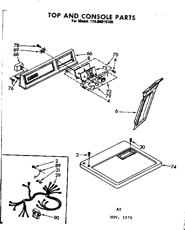 Kenmore 11086015100 top and console parts diagram