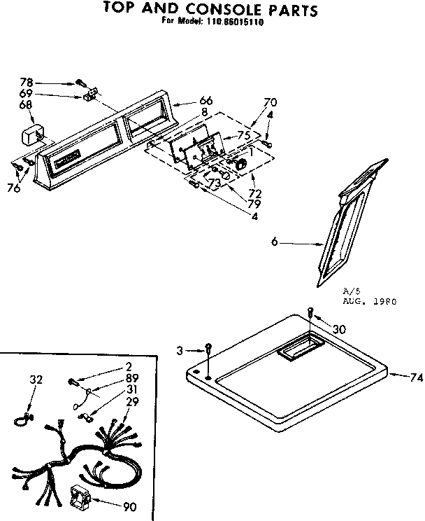 Kenmore 11086015110 top and console parts diagram