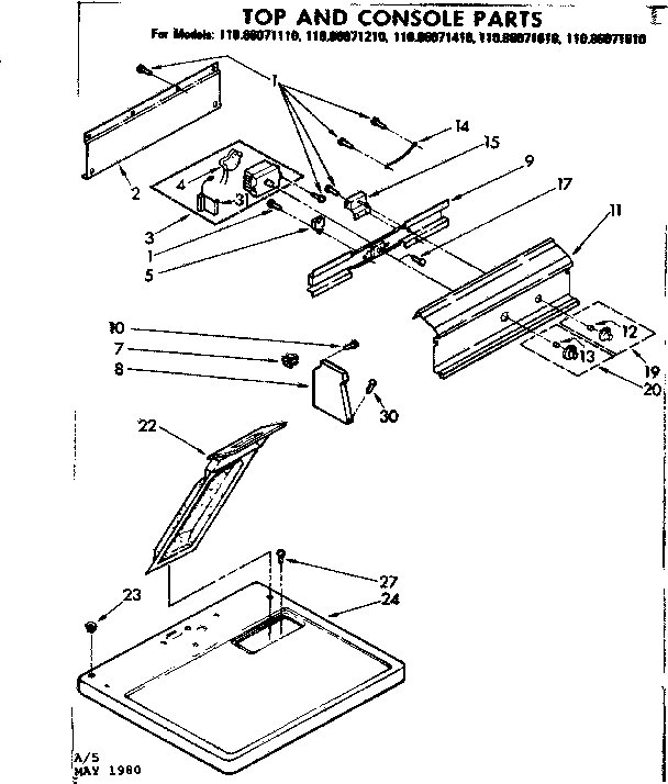 Kenmore 11086071210 top and console parts diagram