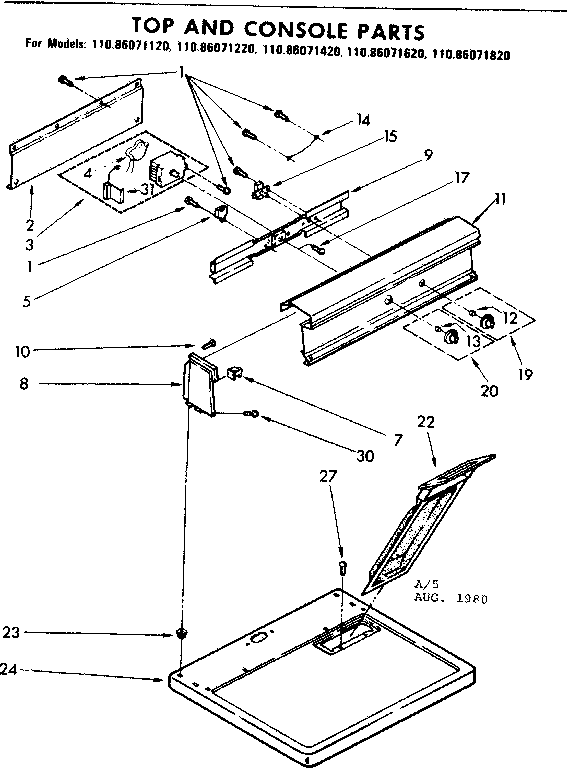 Kenmore 11086071120 top and console parts diagram