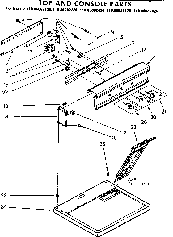 Kenmore 11086082620 top and console parts diagram
