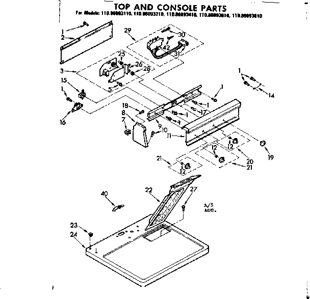 Kenmore 11086093210 top and console parts diagram
