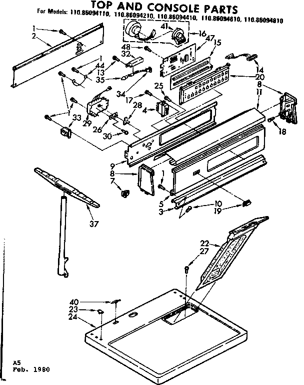 Kenmore 11086094610 top and console parts diagram