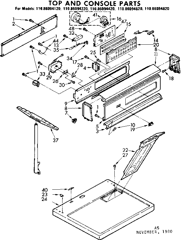 Kenmore 11086094220 top and console part diagram
