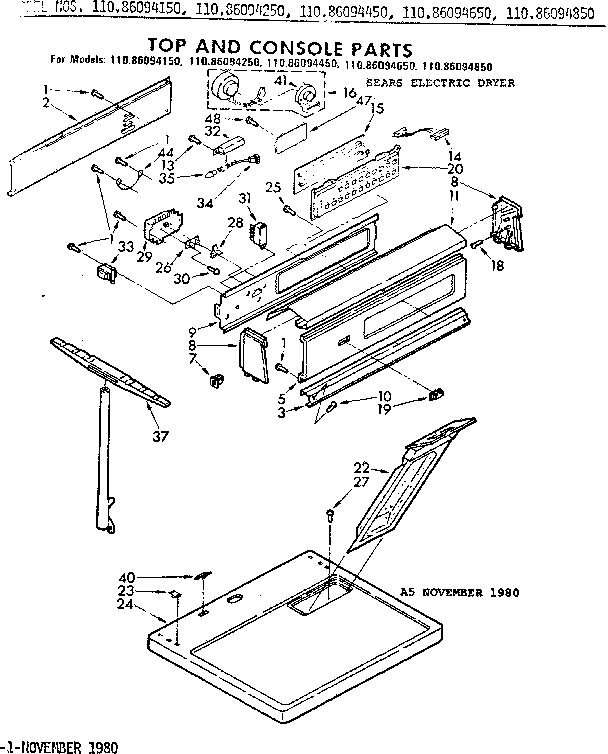 Kenmore 11086094650 top and console parts diagram