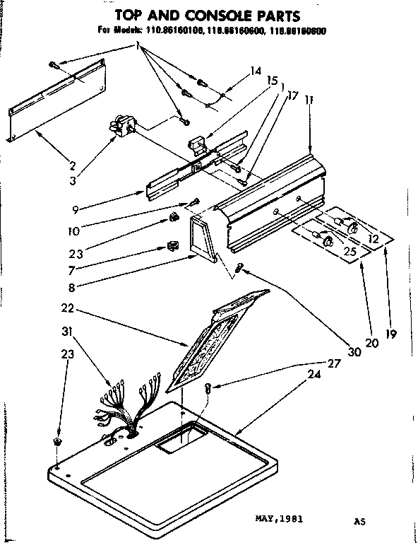 Kenmore 11086160600 top and console parts diagram