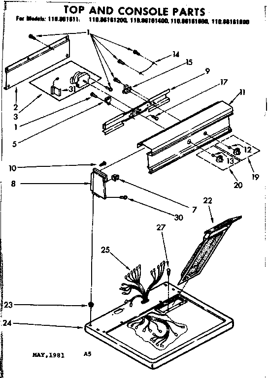 Kenmore 11086161200 top and console parts diagram
